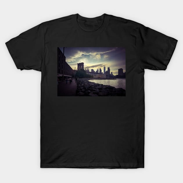 Manhattan Skyline Dumbo Sunset Brooklyn Bridge NYC T-Shirt by eleonoraingrid